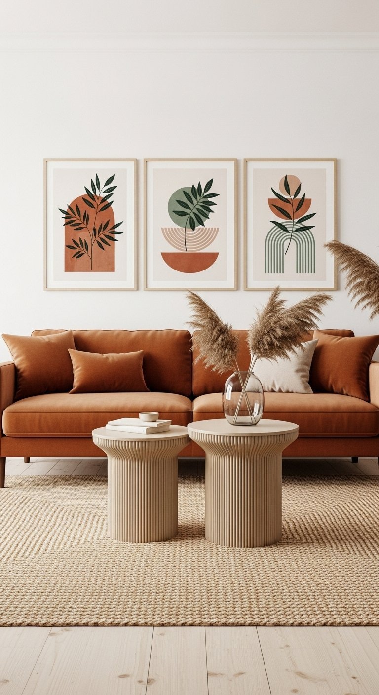 Canape terracotta dans un salon blanc avec tapis en jute et trois cadres abstraits
