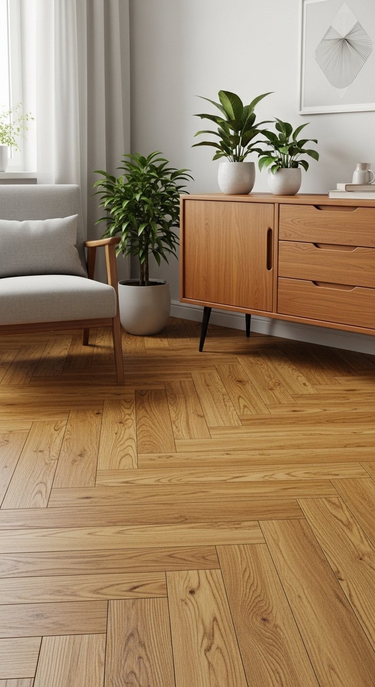 Carrelage imitation parquet posé en chevrons dans un salon style mid century