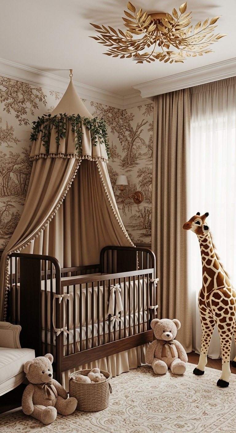 Chambre bébé luxe avec baldaquin beige et grande peluche girafe