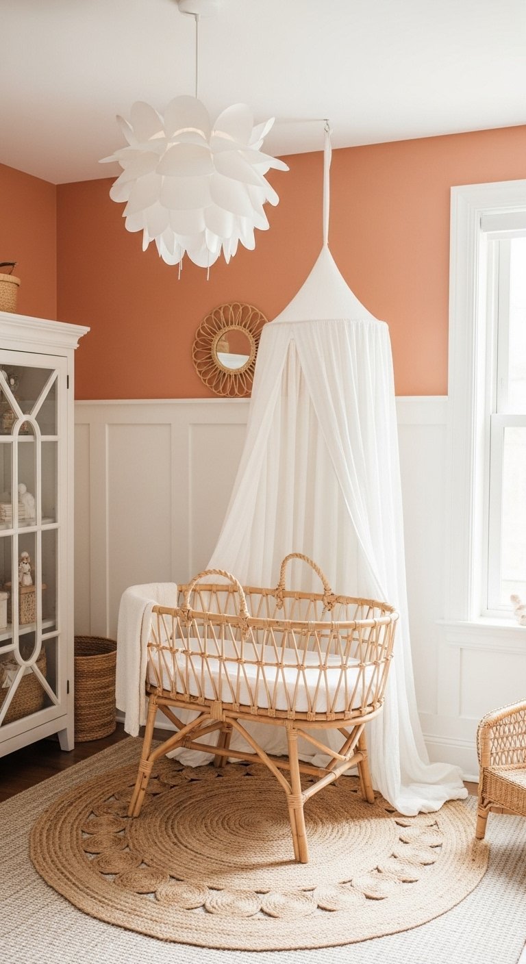 Chambre bebe naturelle avec berceau rotin et mur couleur terracotta