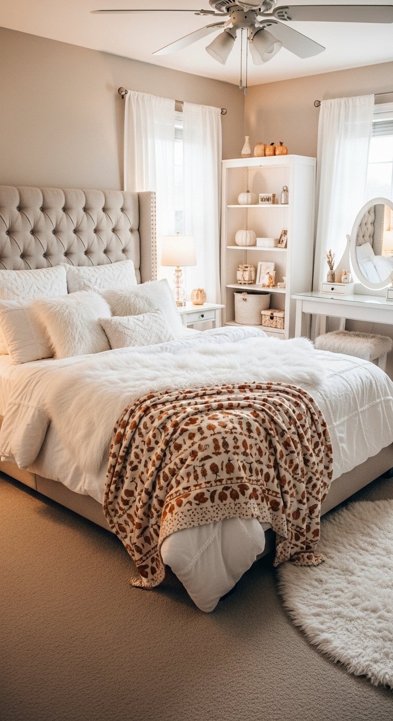 Chambre beige avec tête de lit capitonnée et plaids douillets pour une ambiance chaleureuse