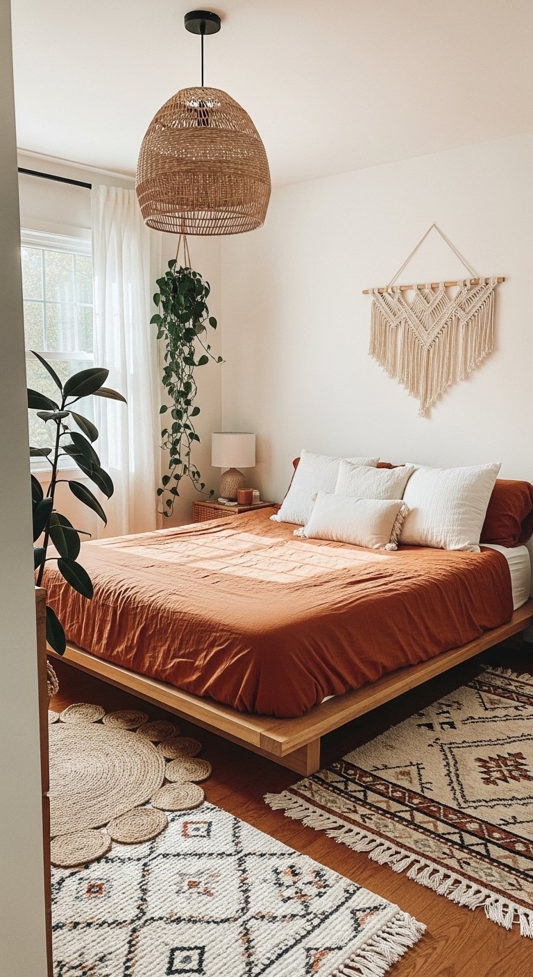 Chambre bohème avec lit bas en bois et parure de lit terracotta