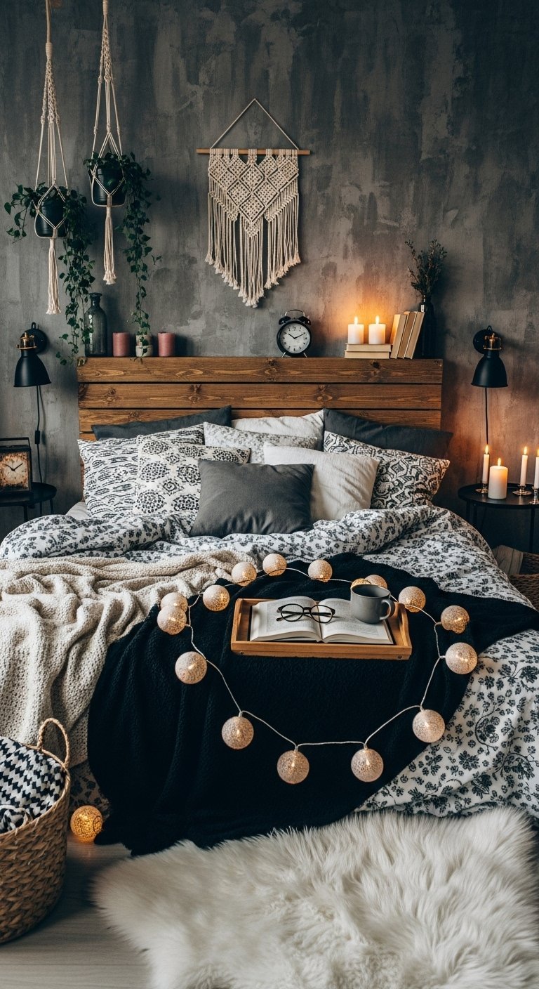Chambre boheme sombre avec mur en beton cire et guirlandes