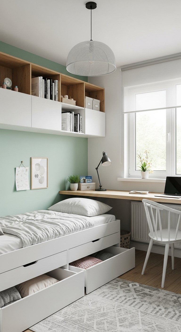 Chambre d enfant avec lit à tiroirs et mur d accent vert sauge