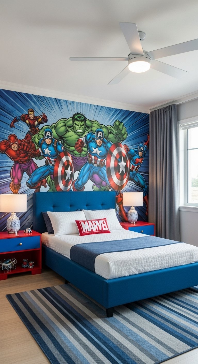 Chambre de garçon sur le thème Marvel avec fresque murale de super héros