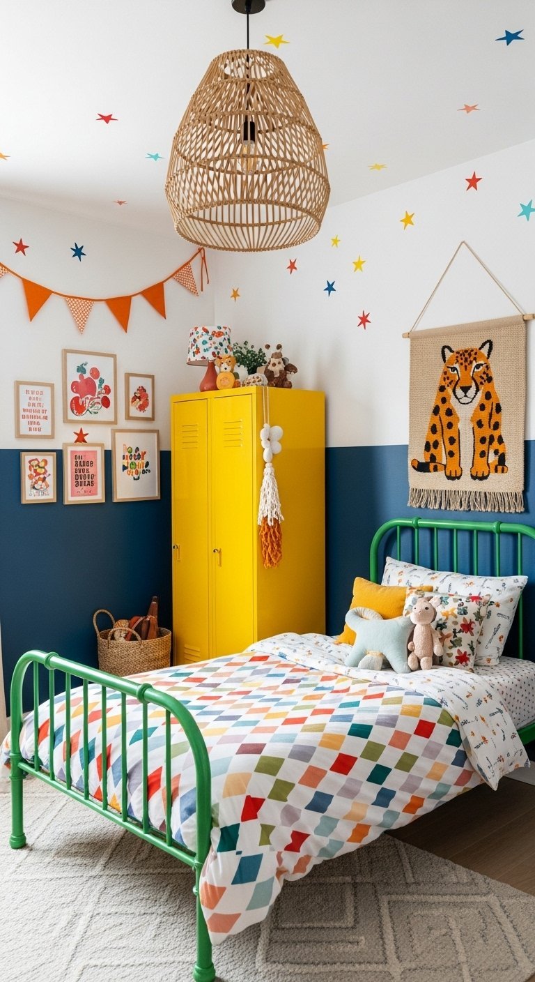 Chambre garcon moderne coloree avec lit vert et casier jaune