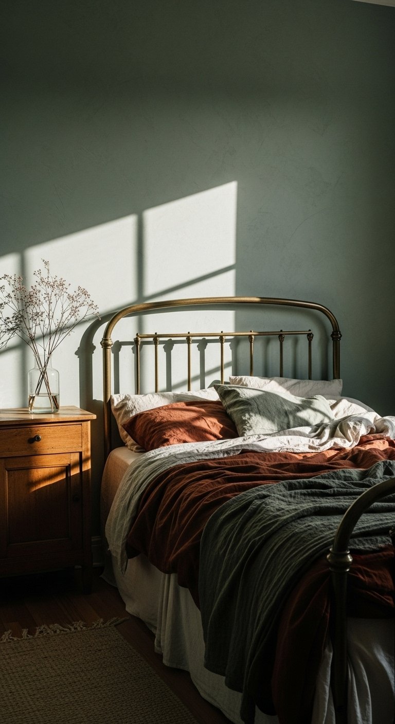 Chambre minimaliste avec mur vert texturé et tête de lit en laiton doré