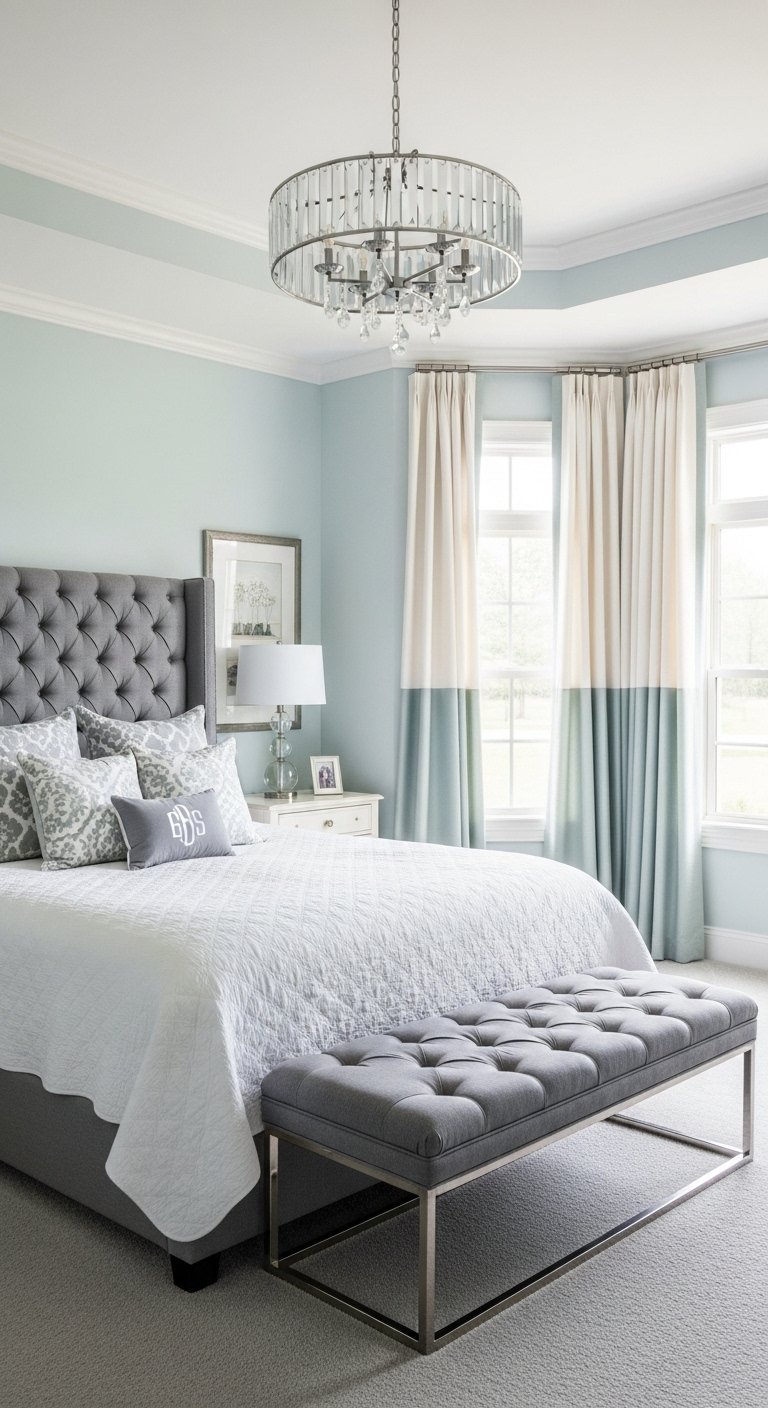 Chambre moderne bleu poudre avec lit capitonne gris et lustre en cristal