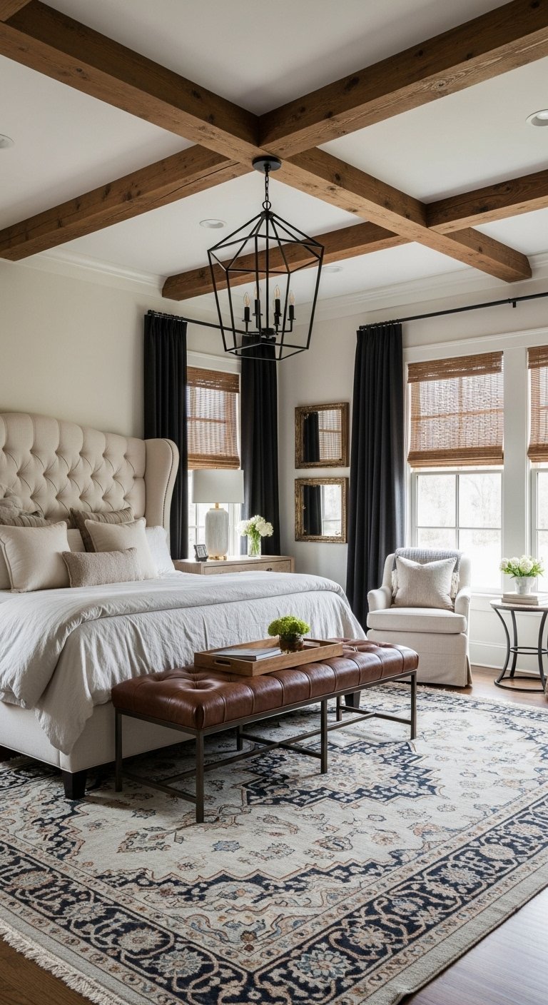 Chambre parentale chaleureuse avec poutres en bois et tête de lit capitonnée