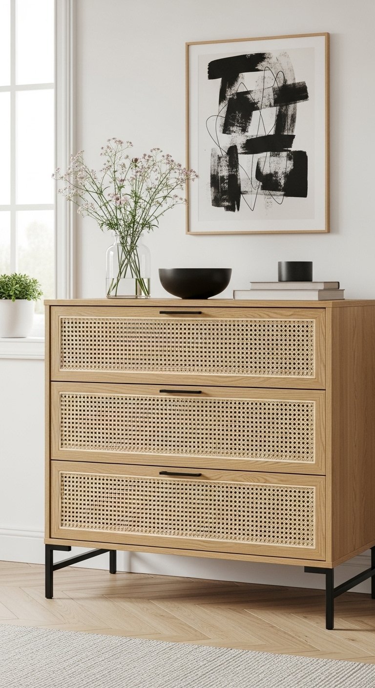 Commode à trois tiroirs en bois clair avec façades en cannage et pieds noirs