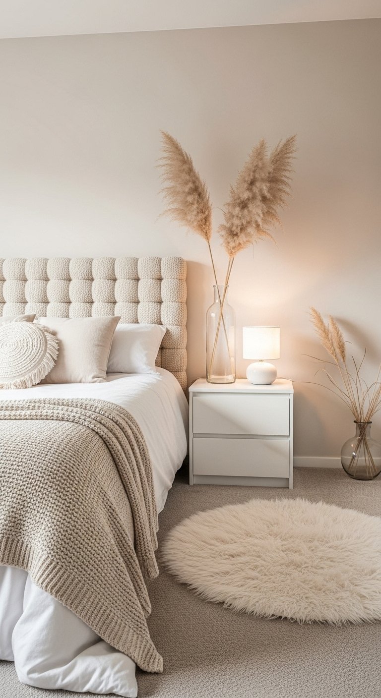 Décoration chambre femme aux tons neutres avec tête de lit capitonnée et herbes de la pampa