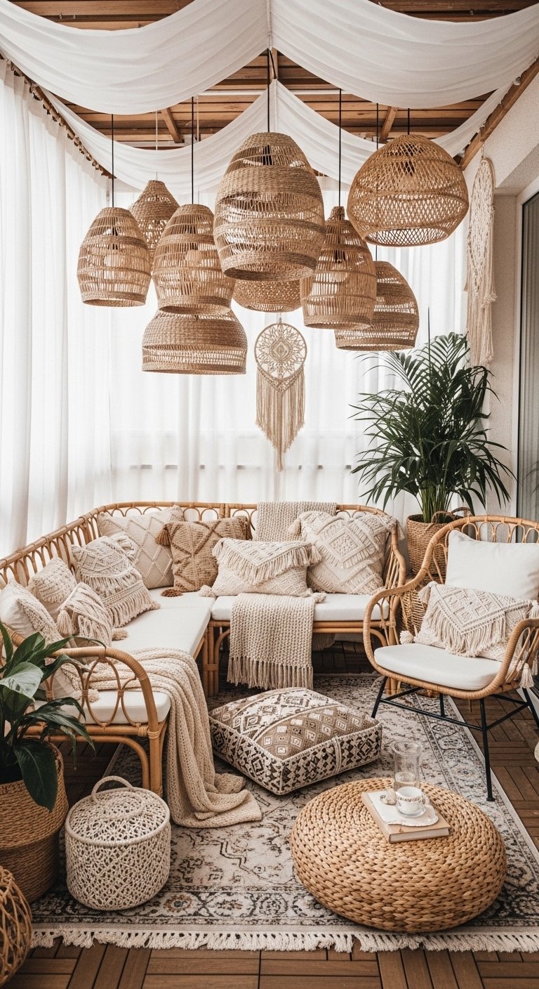 Decoration petit balcon boheme chic avec grand canape en rotin et suspensions en paille