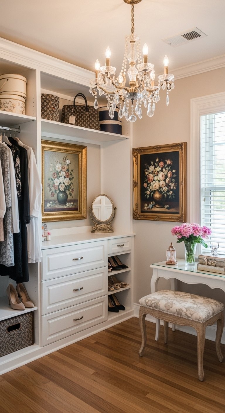 Dressing d angle blanc de style classique avec lustre en cristal