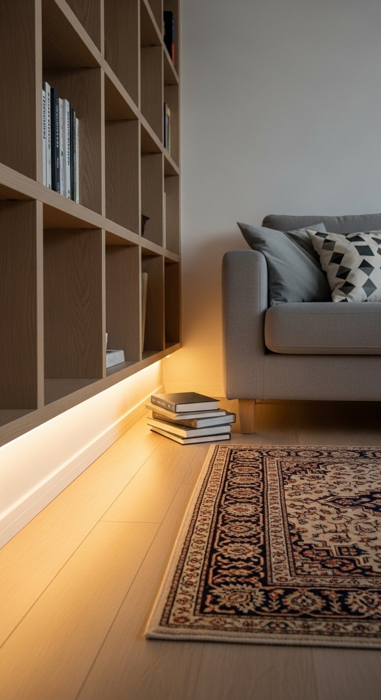 Éclairage par bande LED cachée sous une bibliothèque en bois