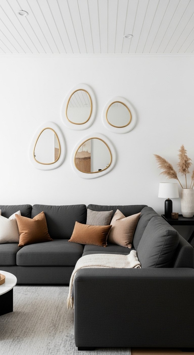 Ensemble de quatre miroirs de forme organique avec des cadres blancs et dorés sur un mur blanc