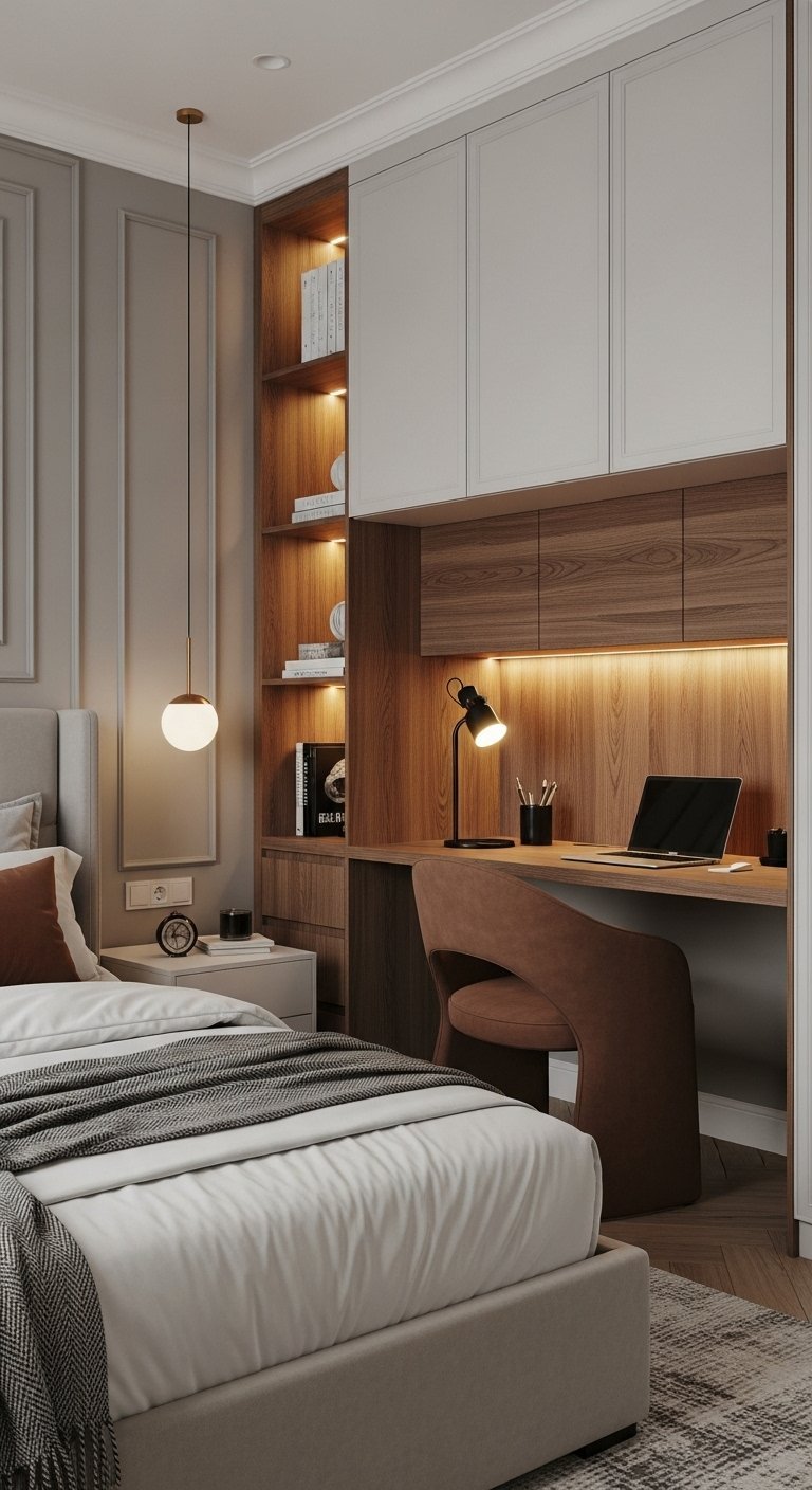Espace bureau intégré en bois avec éclairage d ambiance et chaise design marron