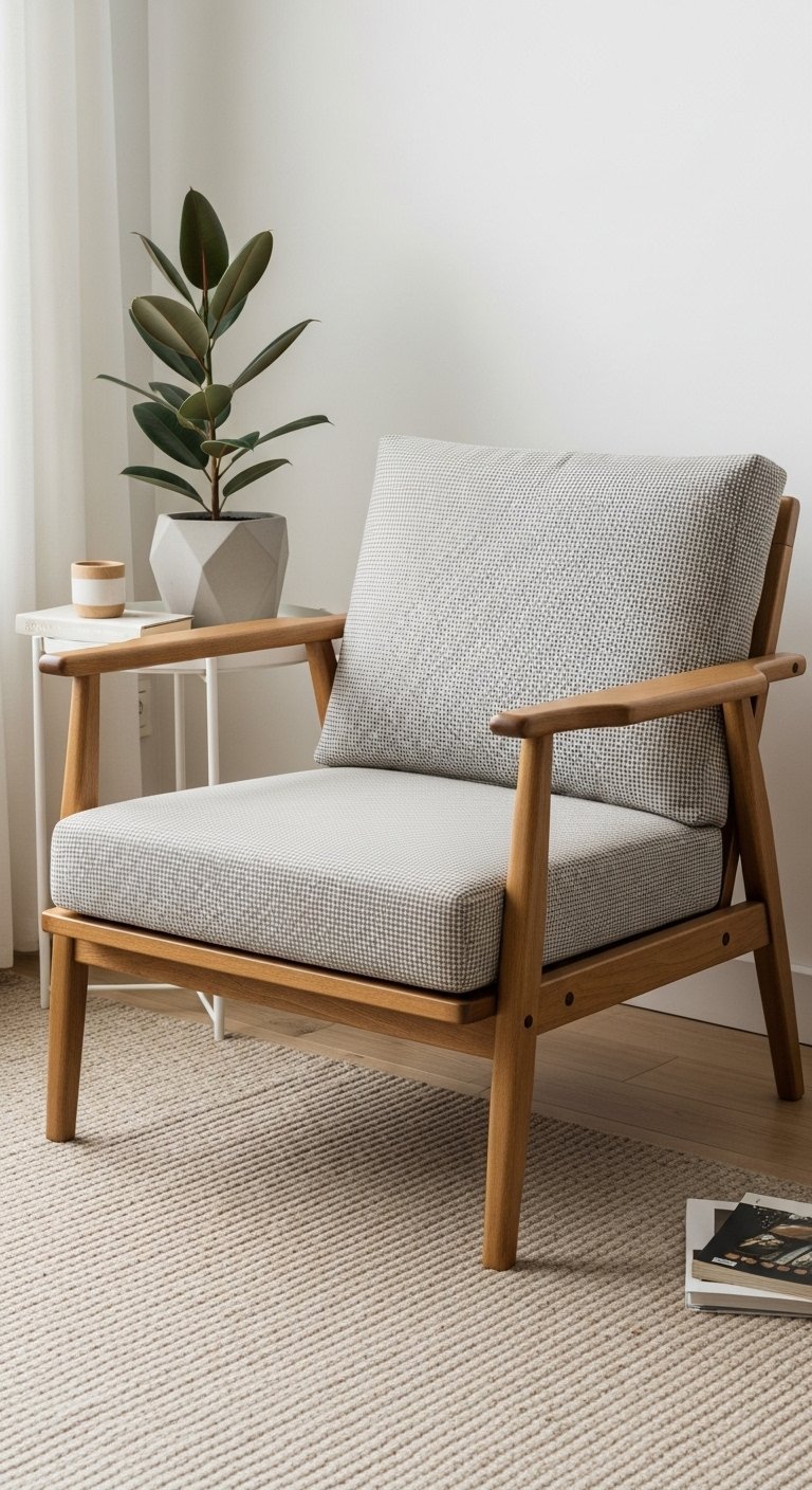 Fauteuil de style scandinave avec une structure en bois clair et un tissu gris