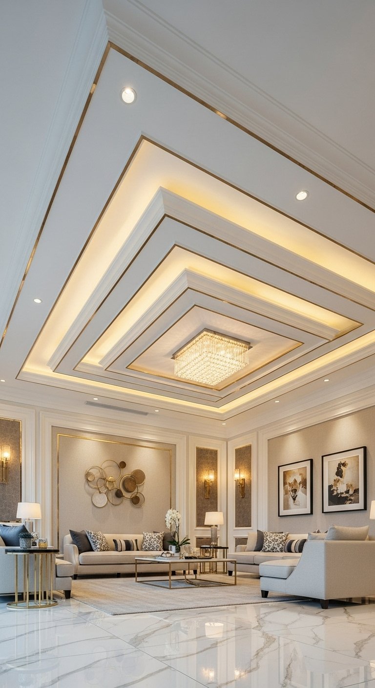 Grand faux plafond à caissons carrés avec finitions dorées et lustre en cristal