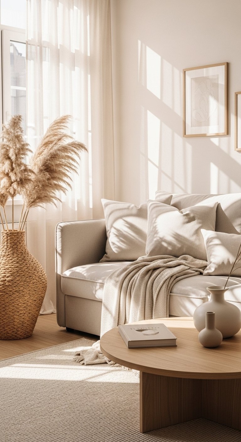 Gros plan sur canape beige clair avec plaid et vase en jonc de mer