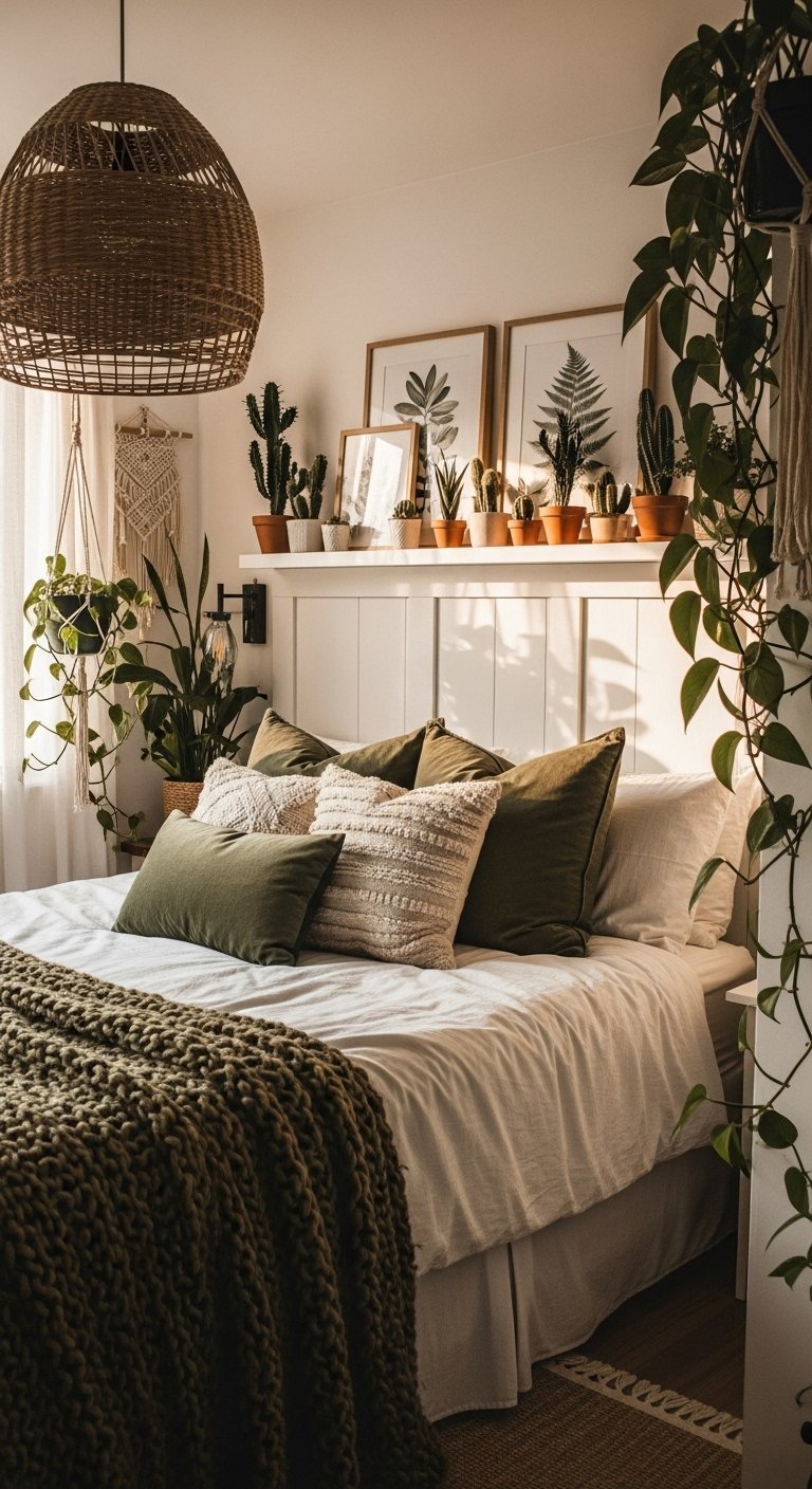 Lit avec tête de lit blanche utilisée comme étagère pour des cactus