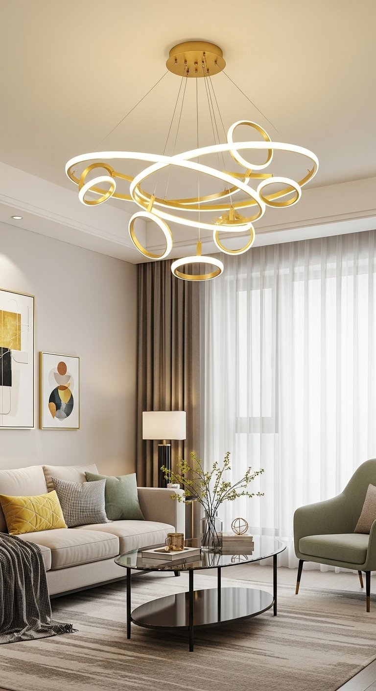 Lustre moderne avec anneaux LED dorés dans un salon contemporain