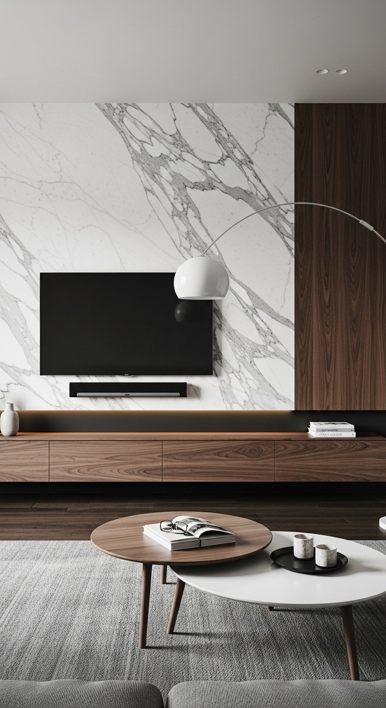 Mur TV design avec plaque de marbre et meuble bas en bois