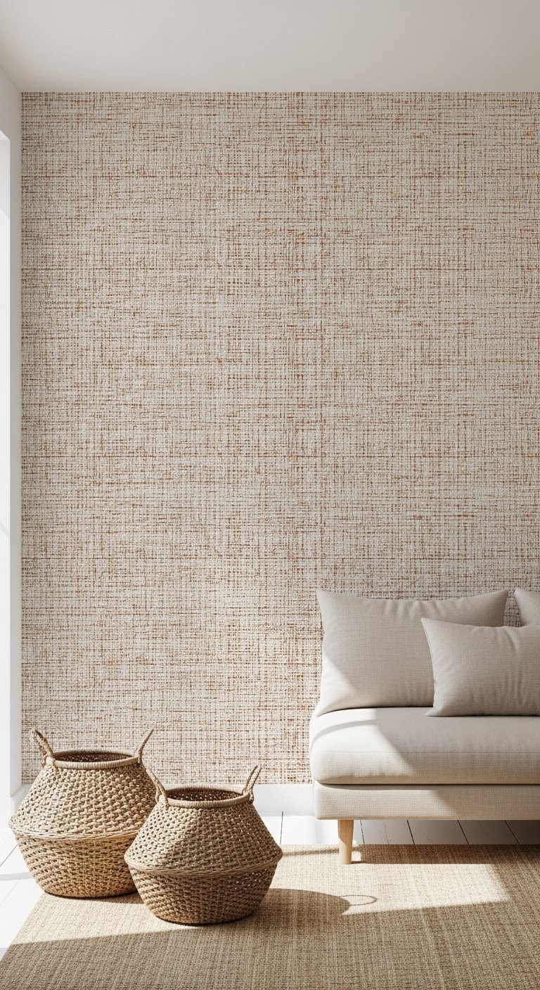 Mur avec papier peint panoramique effet tissage beige et paniers en osier