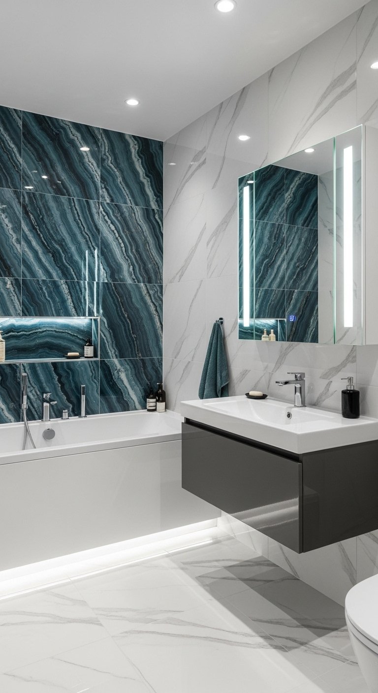 Mur d accent en carrelage effet marbre bleu et meuble suspendu gris