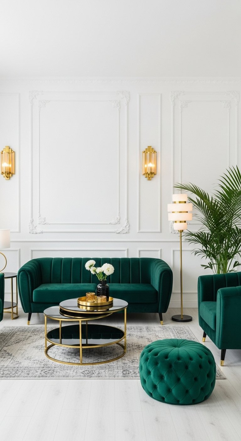 Murs blancs avec moulures dans un salon avec canape en velours vert