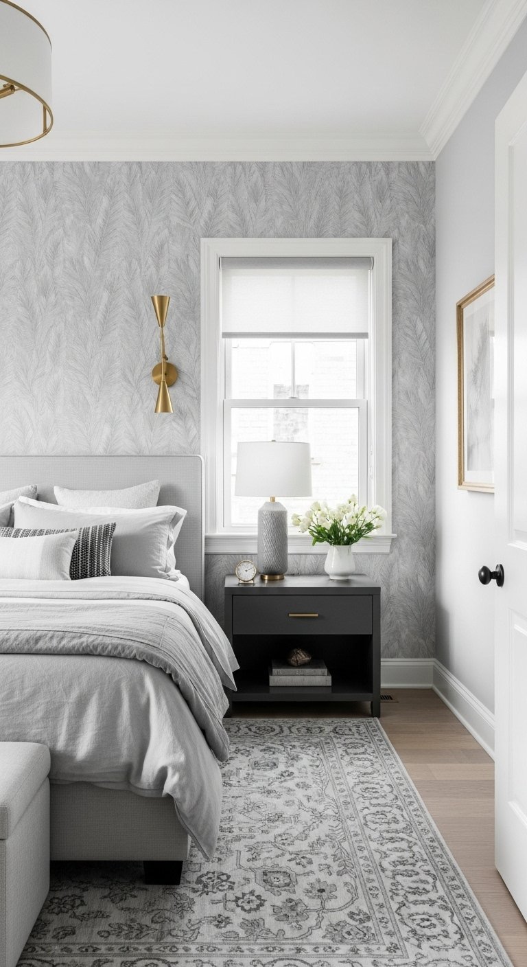 Papier peint gris clair a motif de feuilles delicates dans une chambre parentale moderne