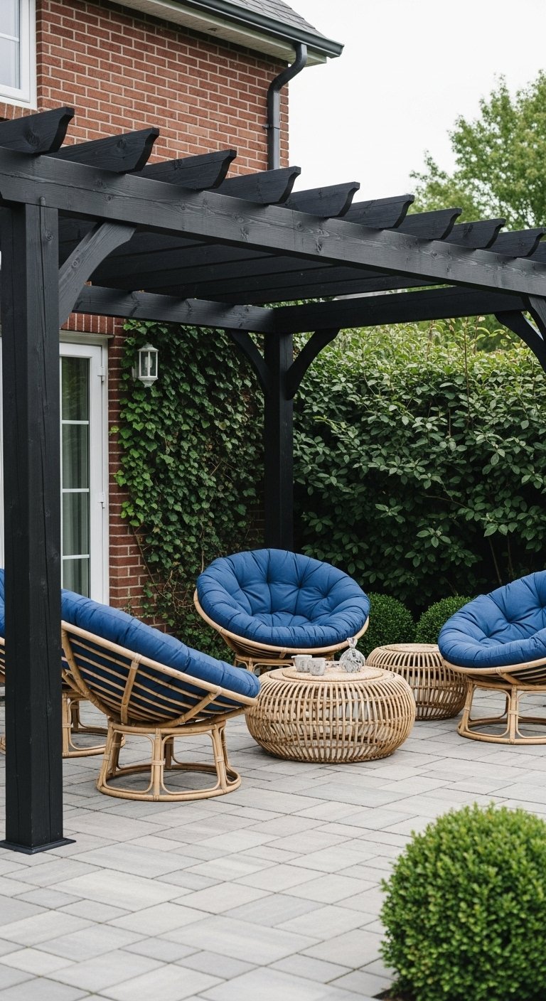 Pergola en bois noir adossée à un mur de briques avec des fauteuils bleus