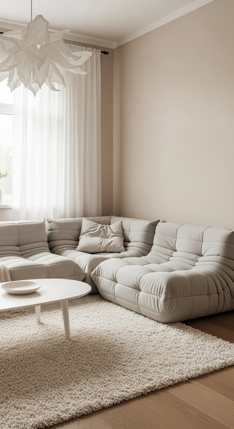 Petit salon minimaliste avec canapé modulaire beige et tapis à poils longs