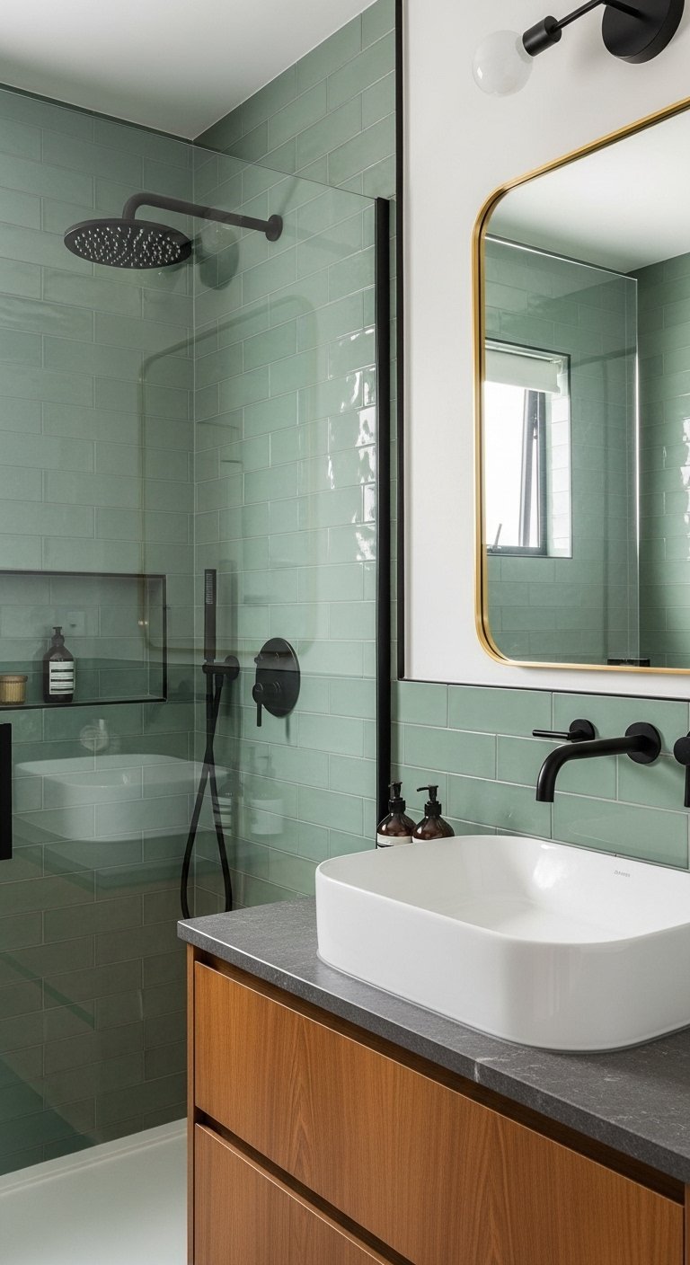 Petite salle de bain tendance carrelage vert sauge et robinetterie noire