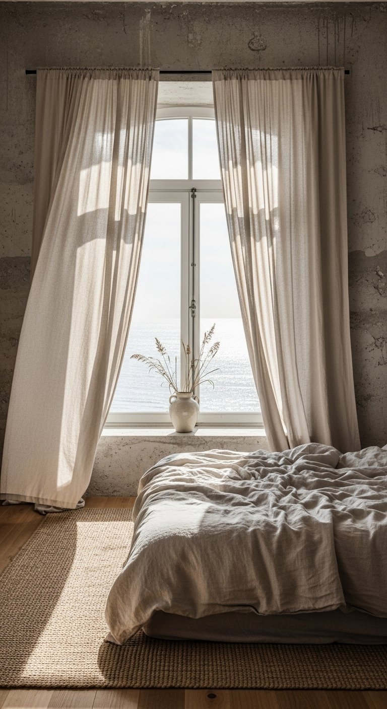 Rideaux en lin beige ouverts sur une fenetre avec vue sur la mer