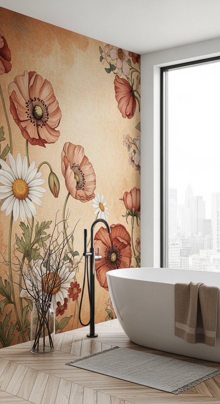 Salle de bain avec papier peint vintage a motifs de coquelicots et baignoire moderne
