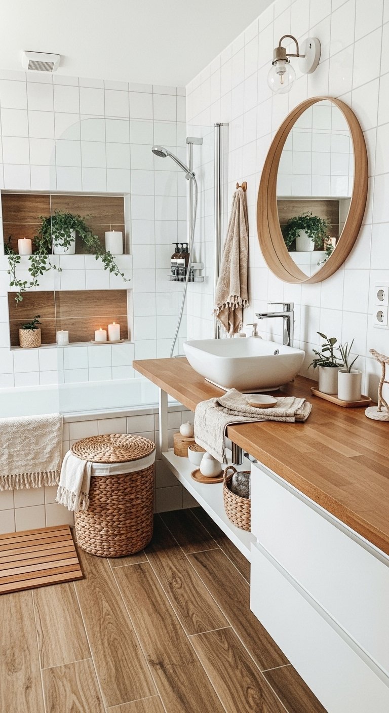 Salle de bain blanche et bois avec vasque posée et paniers en osier
