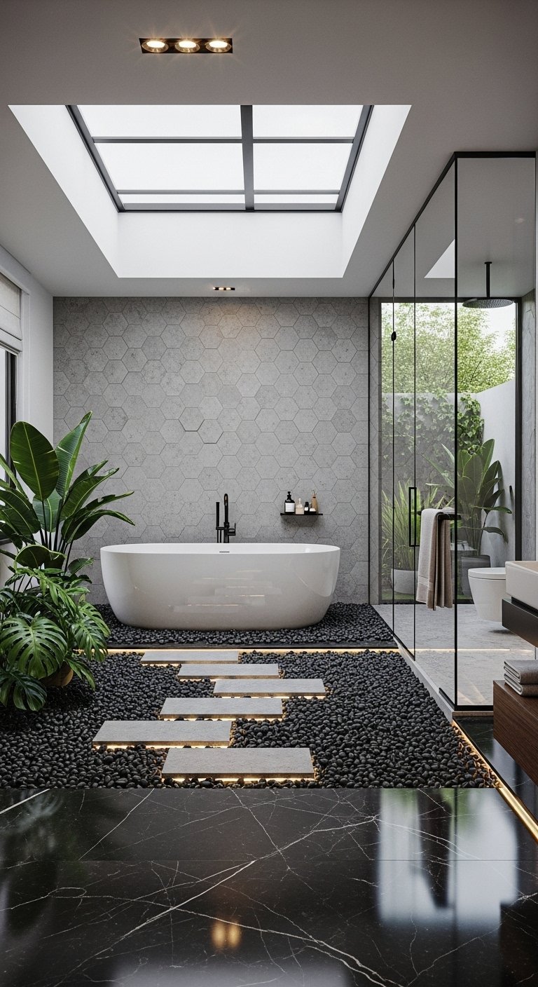 Salle de bain nature avec baignoire ilot et sol en galets noirs