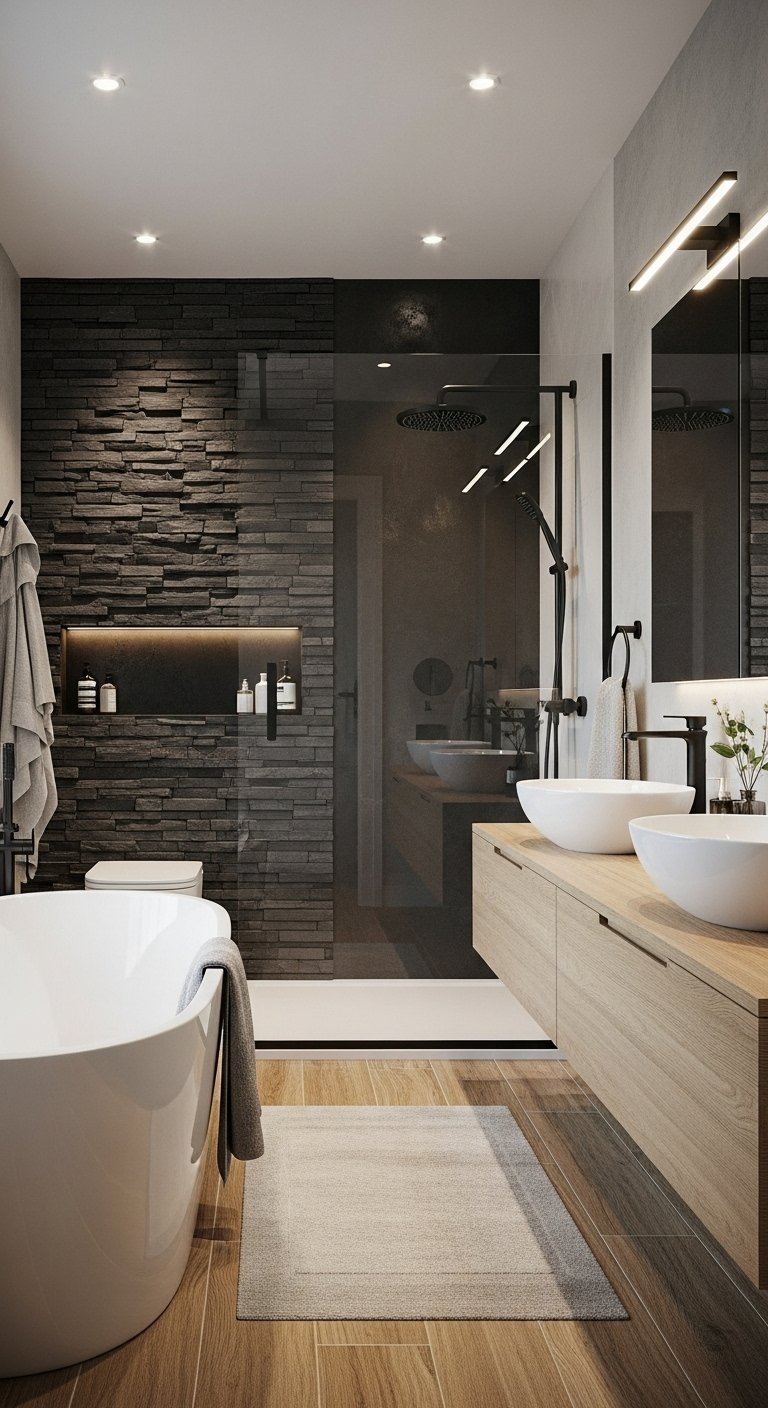 Salle de bains moderne avec mur en pierre ardoise et meuble en bois clair