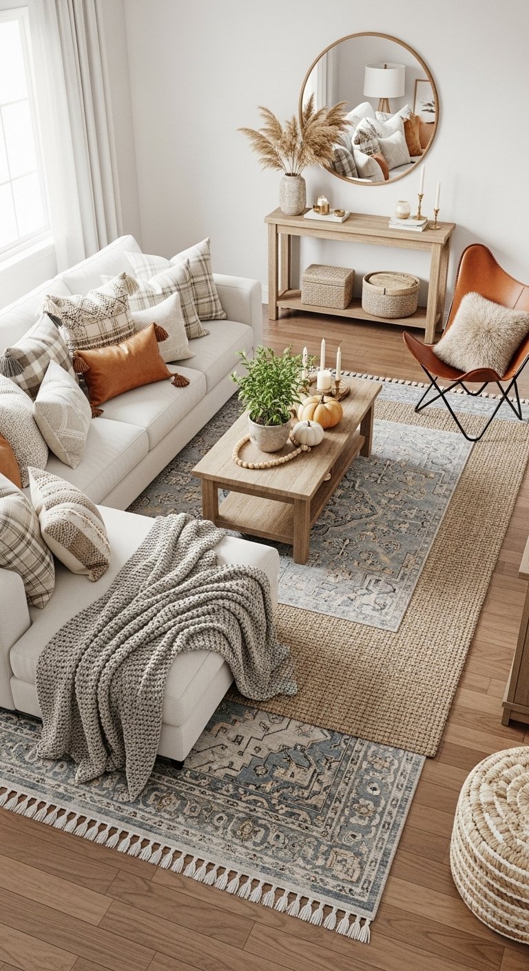 Salon campagne chic avec canape blanc tapis superposes et fauteuil en cuir
