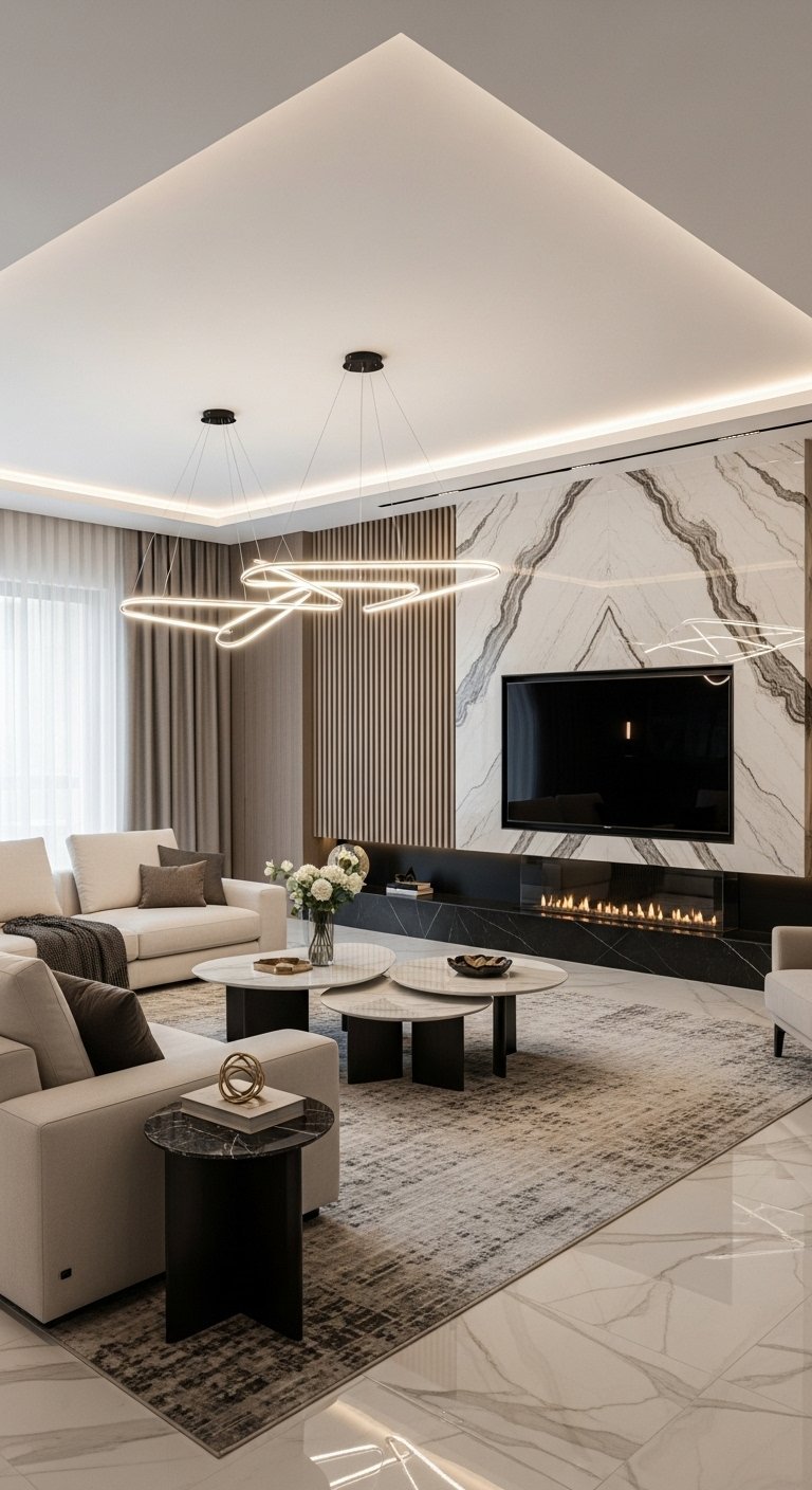 Salon de luxe avec mur en marbre, cheminée intégrée et suspensions LED design.