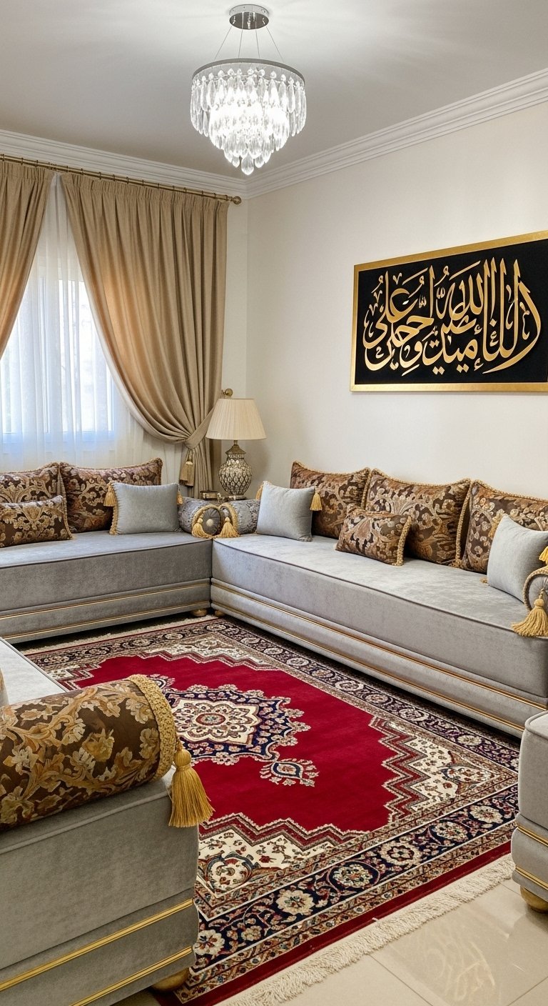 Salon marocain avec sedari gris et grand tapis rouge oriental