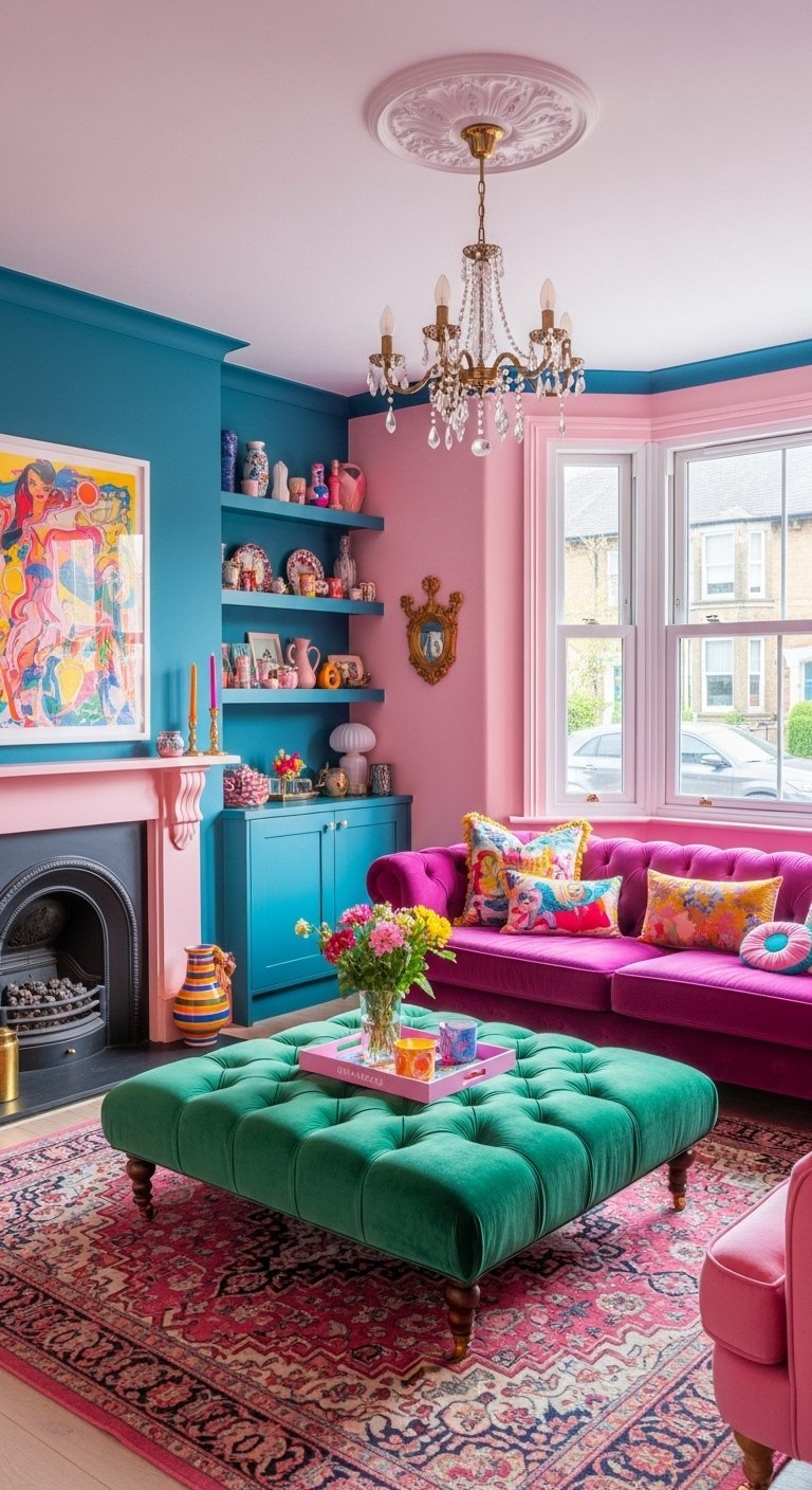Salon maximaliste avec murs roses et bleus canape magenta et pouf vert