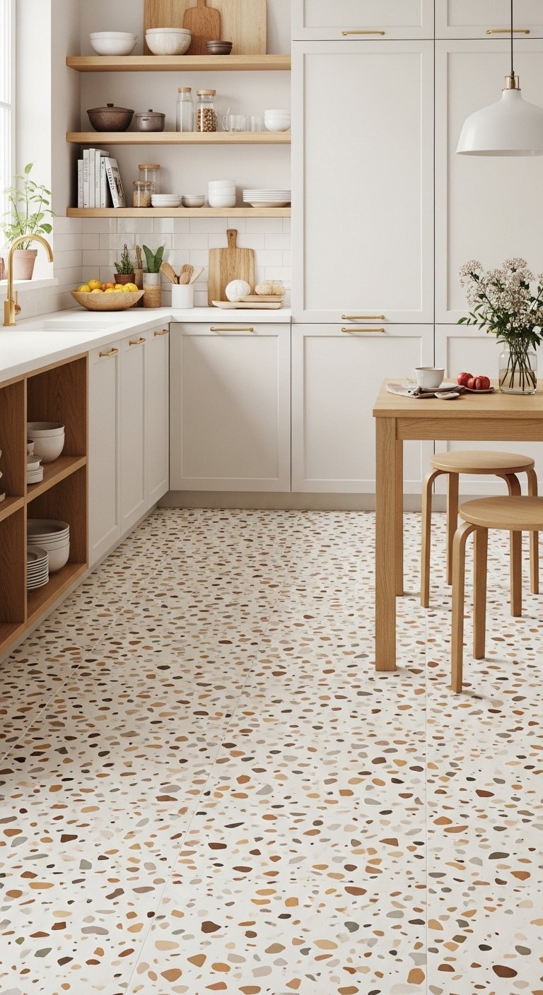 Sol de cuisine en carrelage terrazzo colore avec meubles blancs et bois