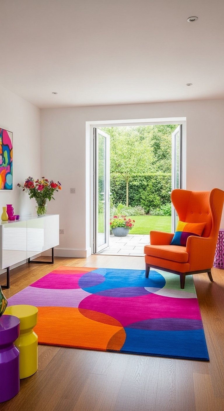Tapis de salon vibrant avec des cercles colorés et un fauteuil orange vif