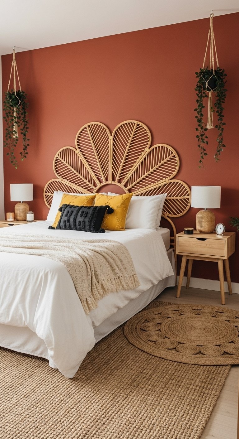 Tete de lit en rotin en forme de fleur contre un mur terracotta