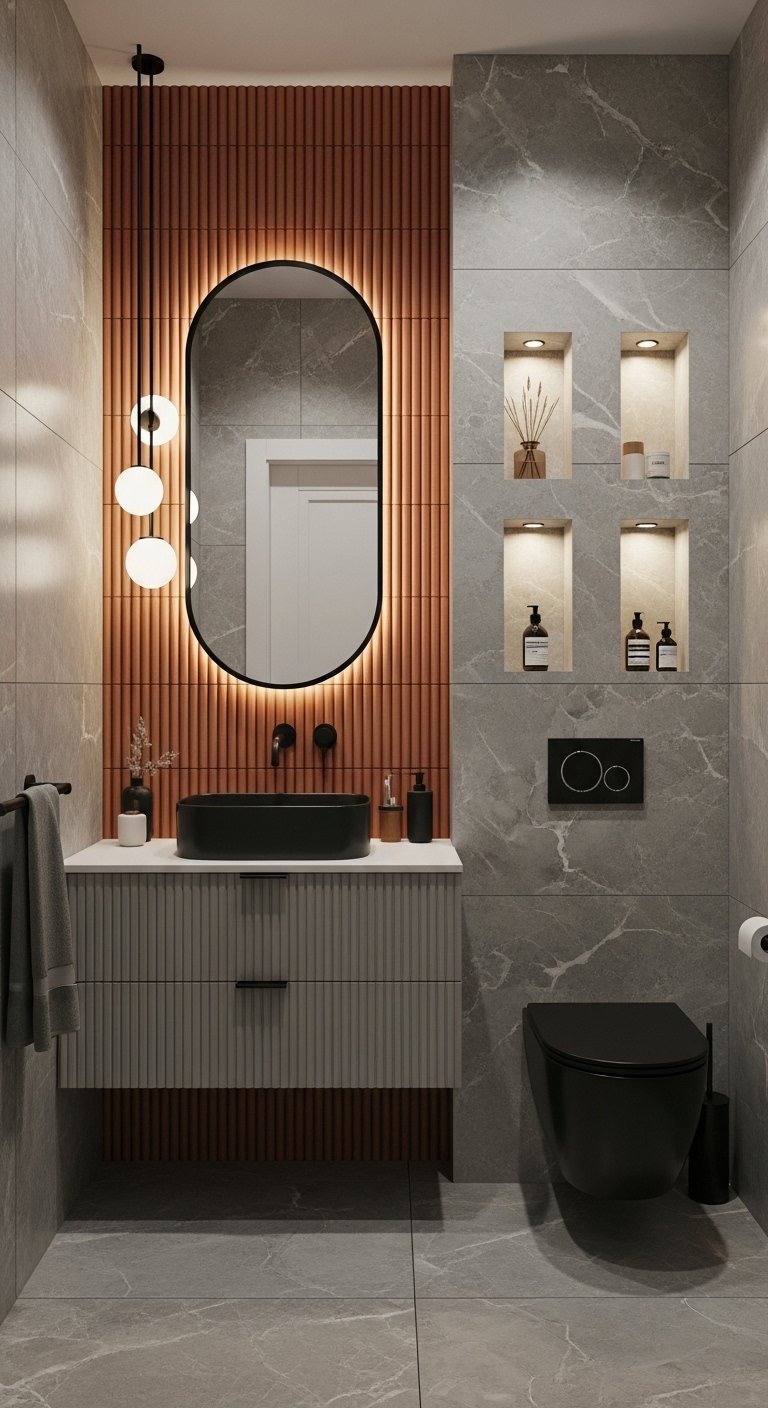 Toilettes modernes avec mur d accent cannele et niches lumineuses