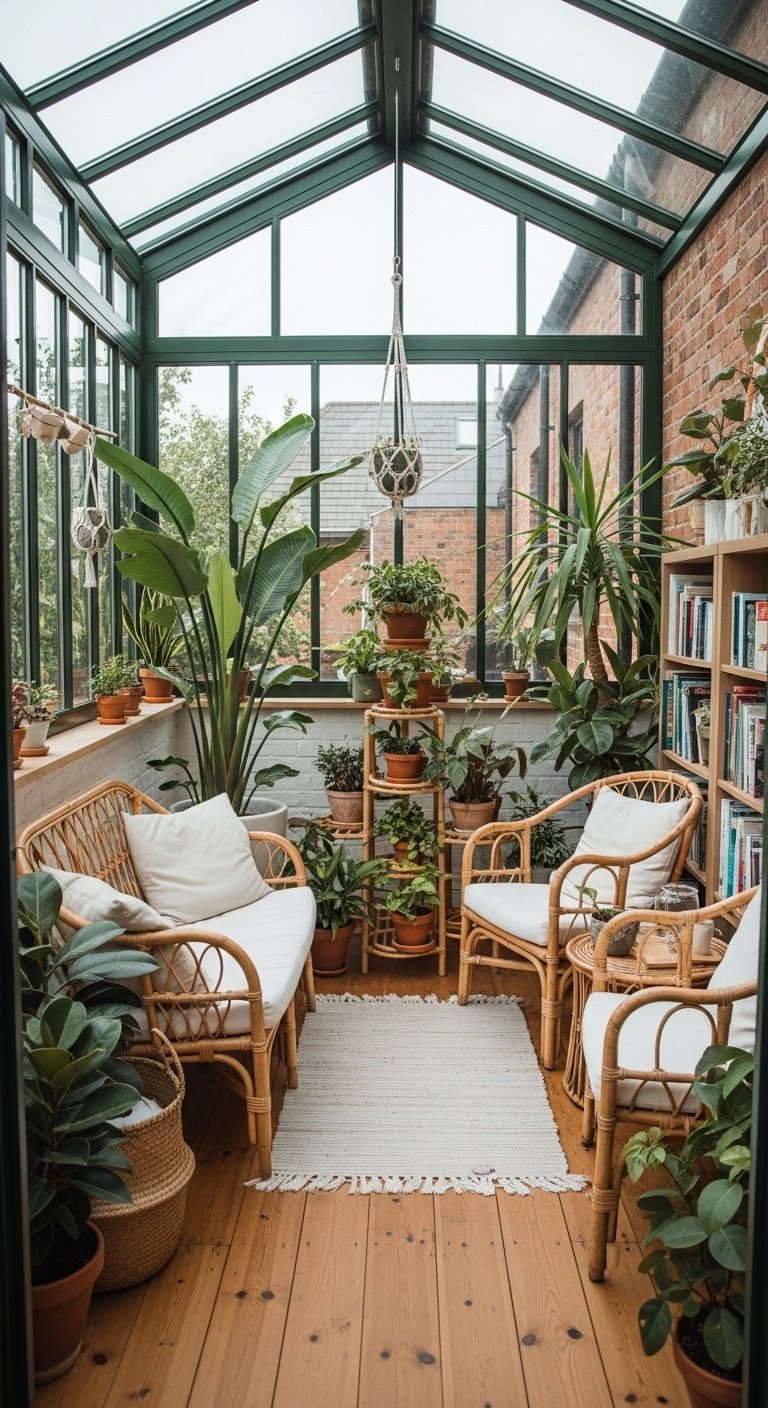 Véranda style bohème avec meubles en rotin et nombreuses plantes vertes