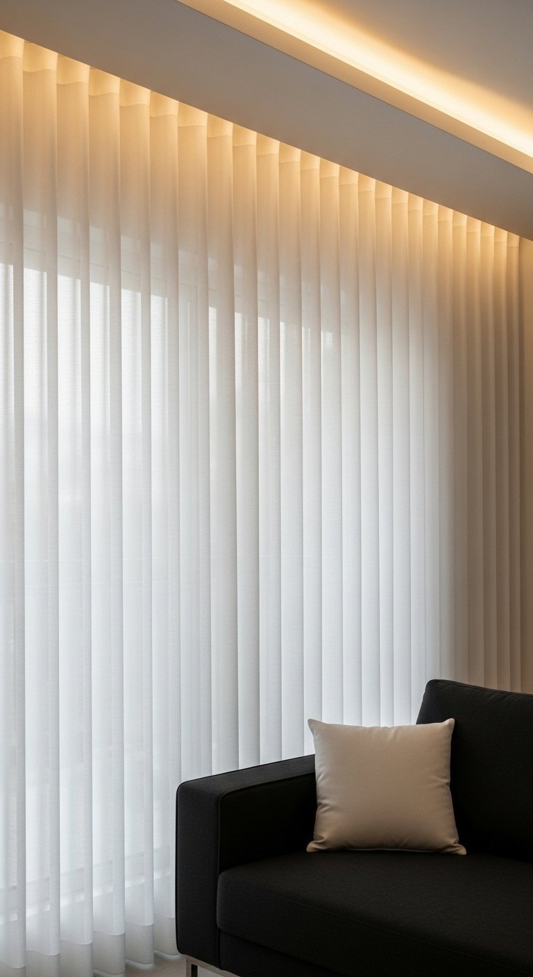 Voilage blanc pur avec des plis verticaux réguliers près d un canapé noir