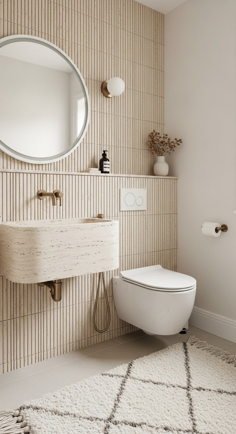 WC minimaliste avec mur texturé beige et lavabo en pierre