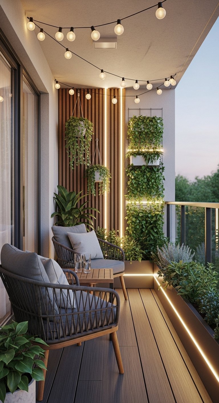 Balcon moderne aménagé avec un mur végétal vertical illuminé par des LED